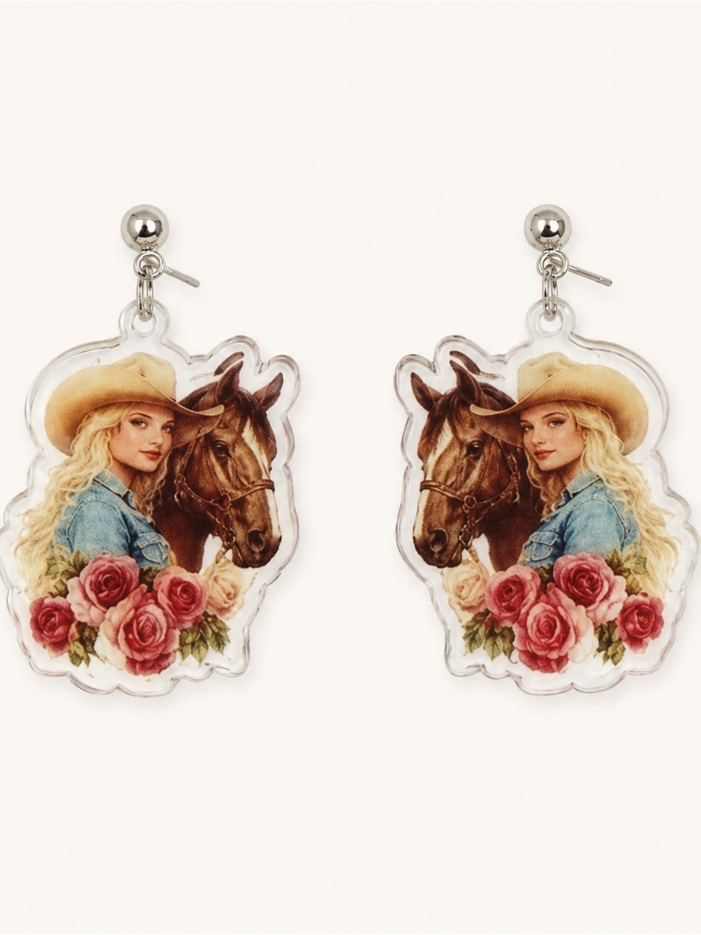 Dolly Parton Cowgirl Horse and Flowers Floral Resin Glitter Drop Earrings
